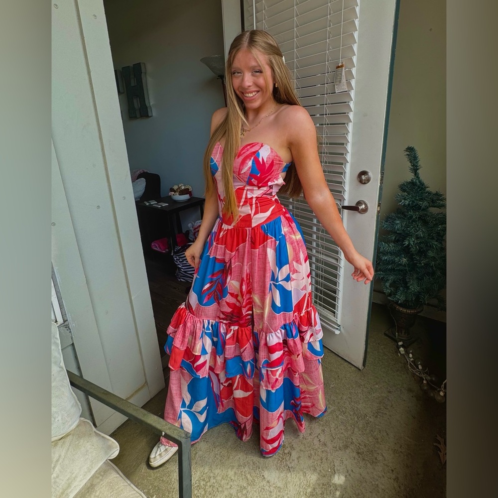 Strapless Floral Maxi Dress in Pink & Blue